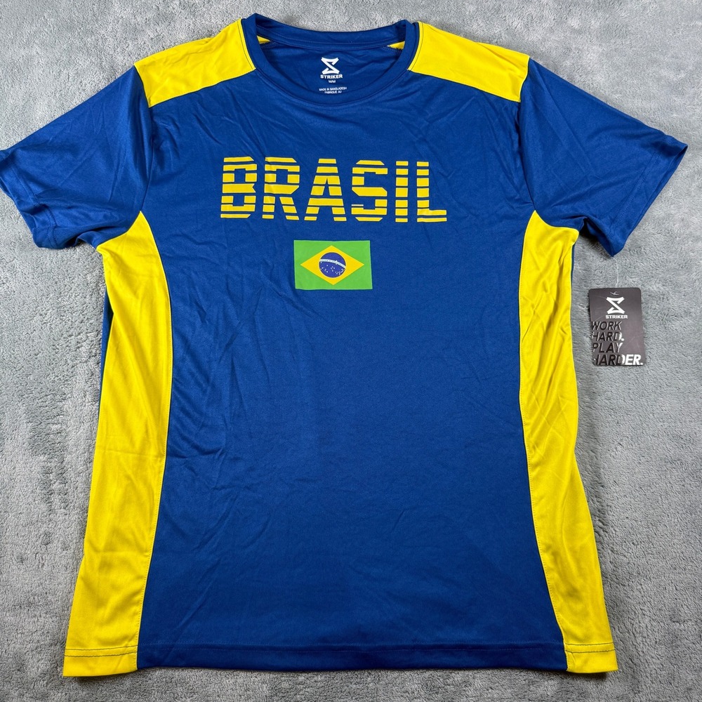 Striker Brasil Soccer Jersey Mens Medium Blue Yellow Performance T-Shirt NWT